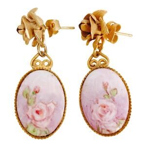 Vintage Mid Century Hand Painted Rose Porcelain Cameo Post Earrings Cottagecore